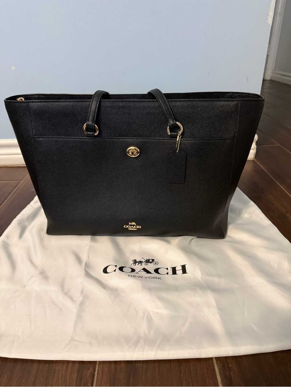Coach Black Leather Tote with Gold Turnlock